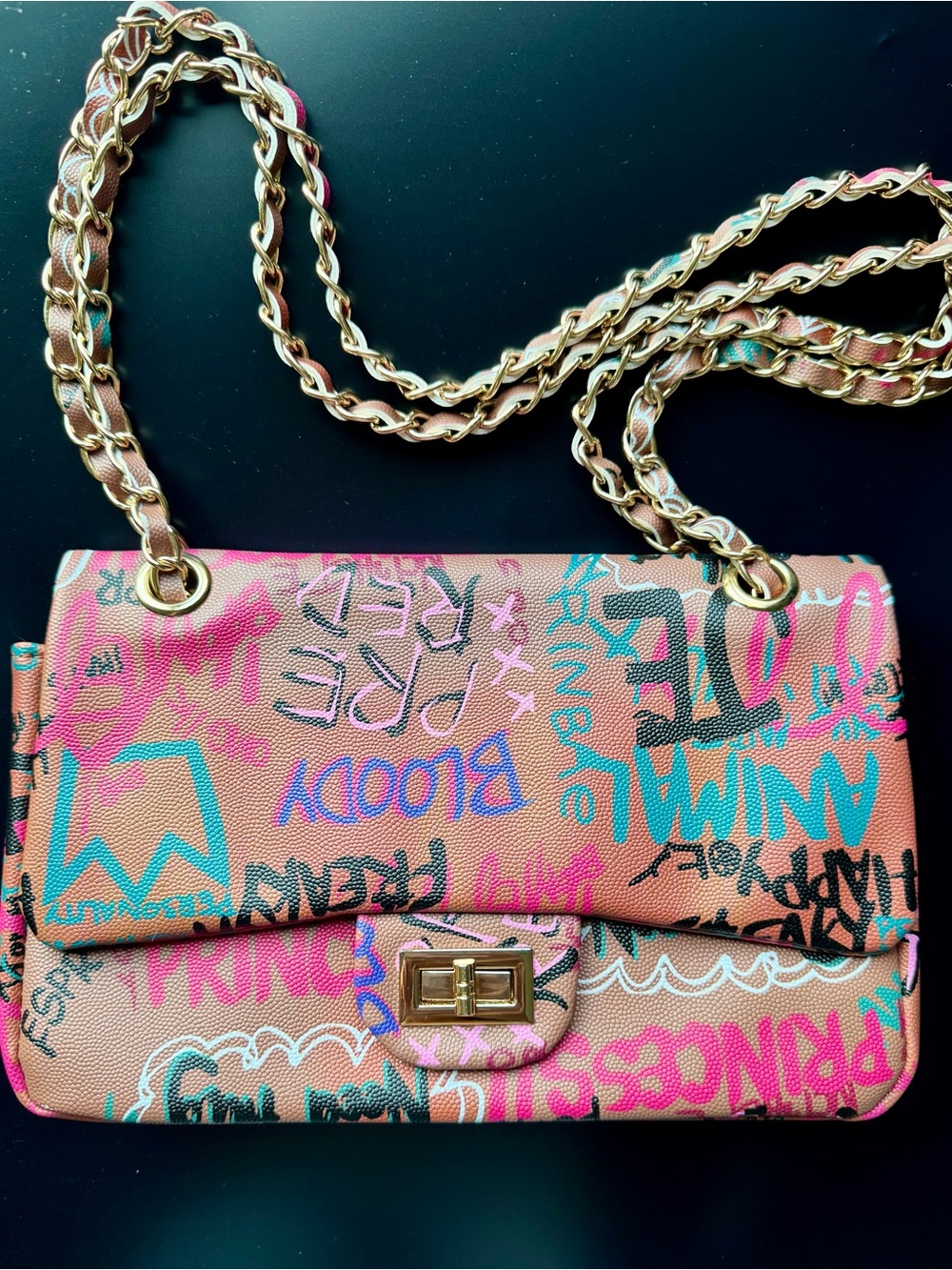 Graffiti Print Pink Chain Shoulder Bag